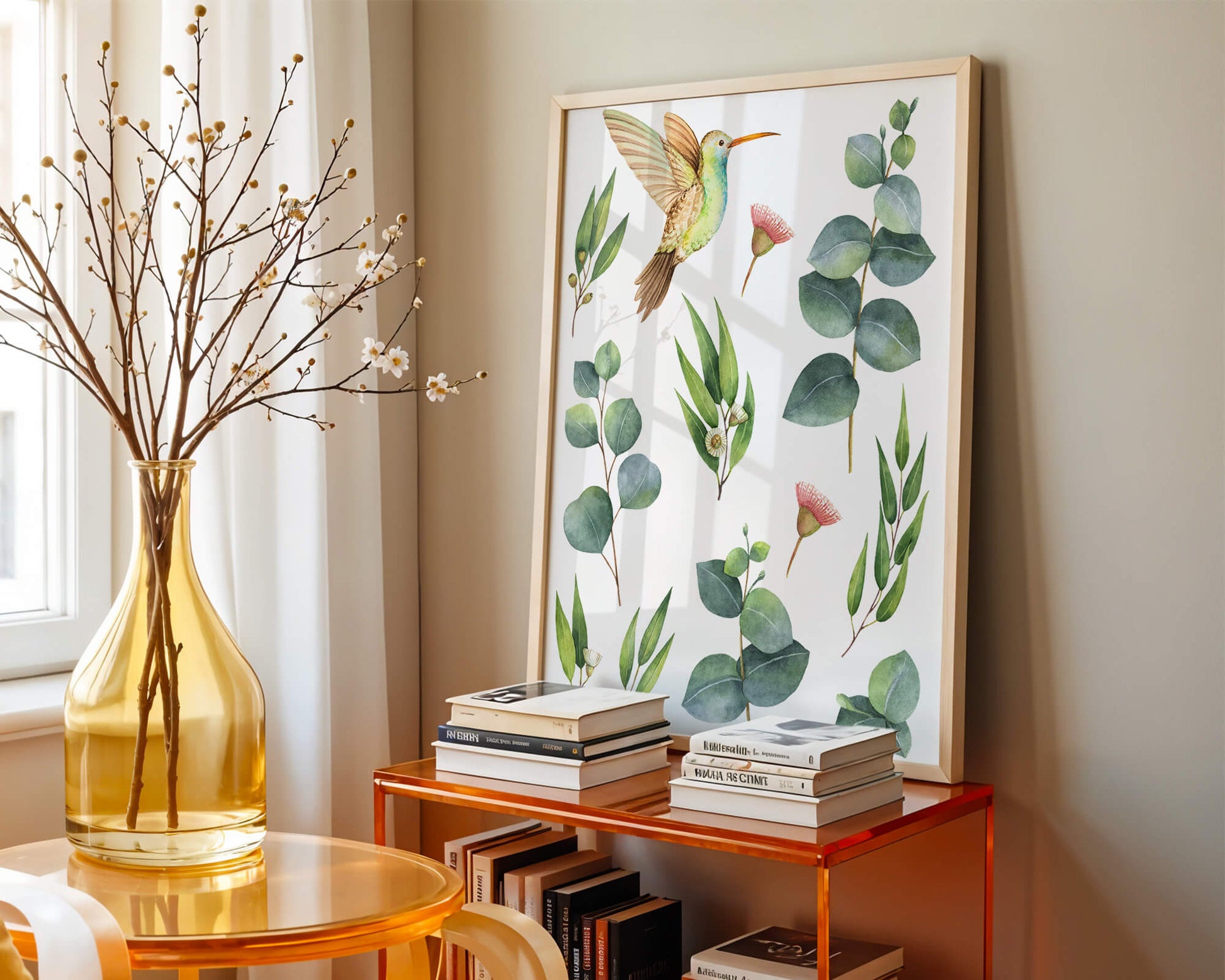 Watercolor hummingbird and eucalyptus leaves illustration