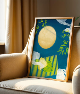 Moonlit night with bamboo and dumplings on a mat