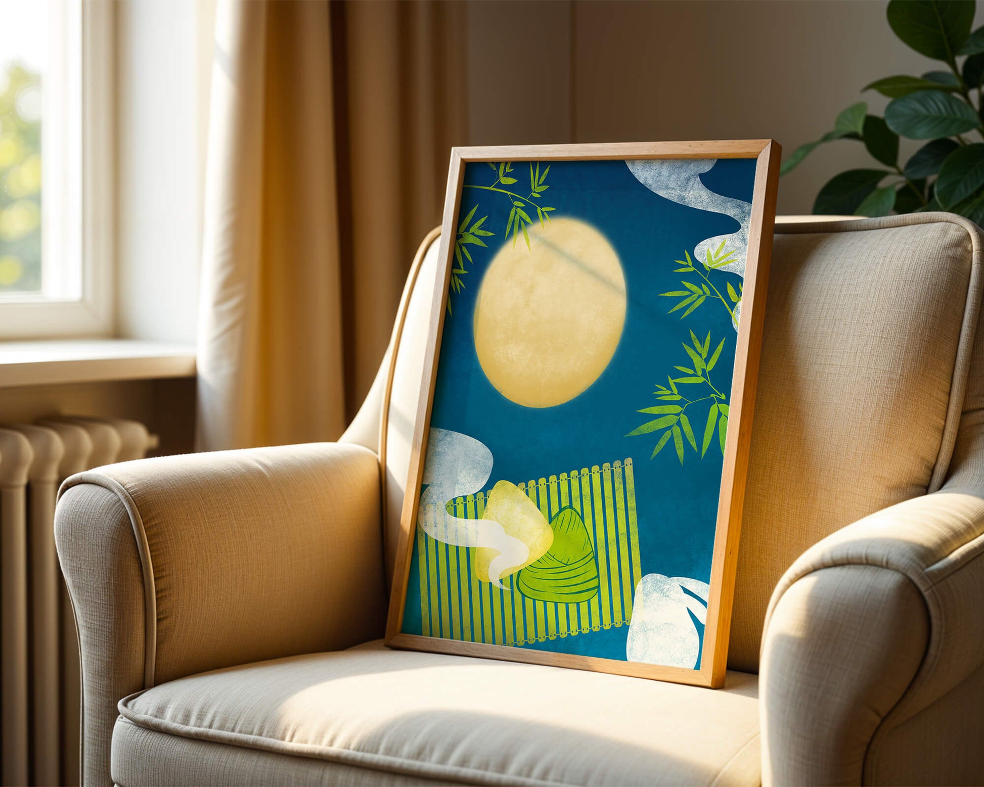 Moonlit night with bamboo and dumplings on a mat