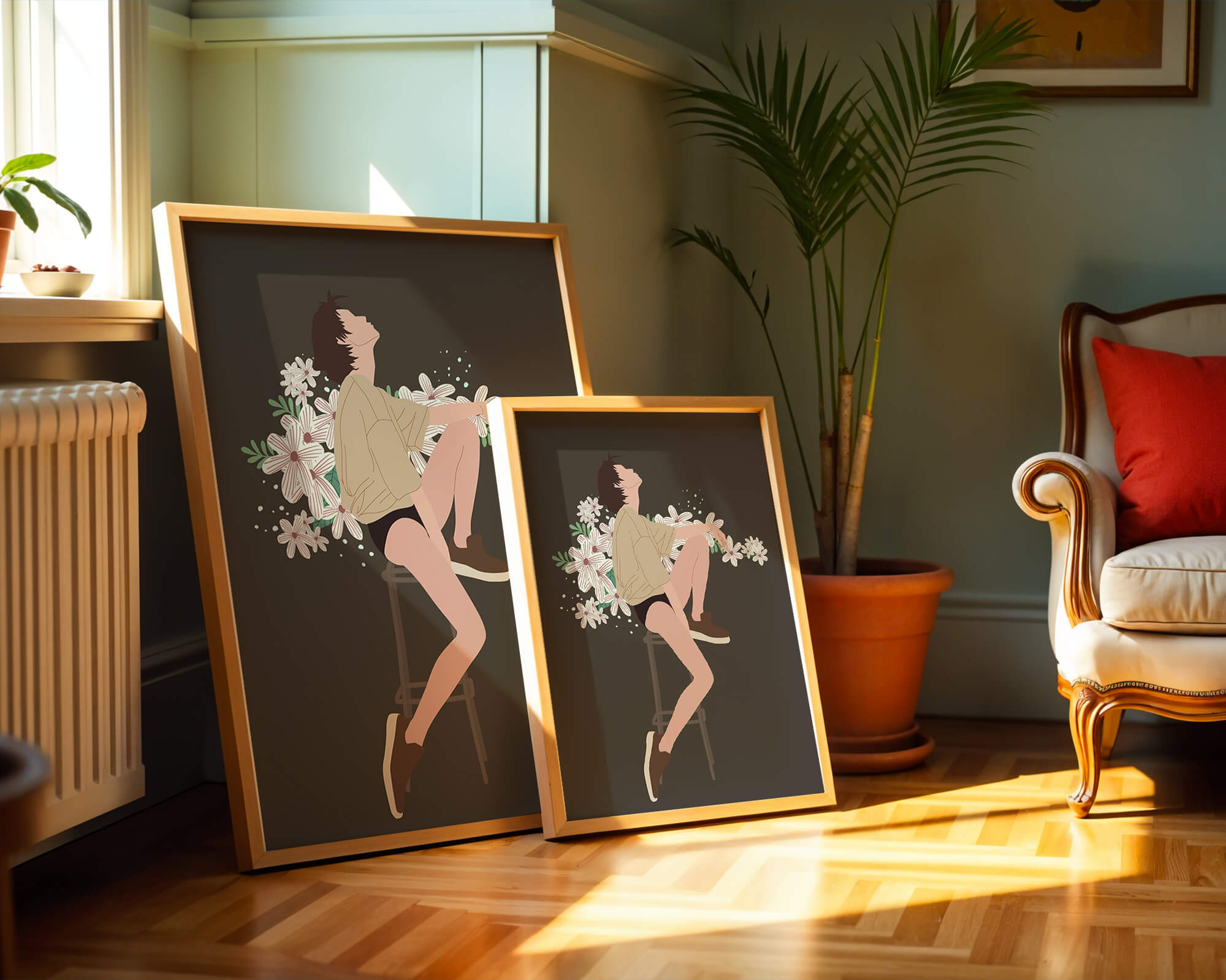 Illustration of a woman sitting on a stool surrounded by flowers