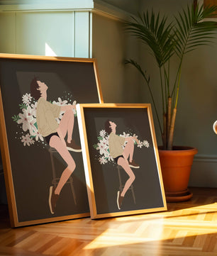 Illustration of a woman sitting on a stool surrounded by flowers
