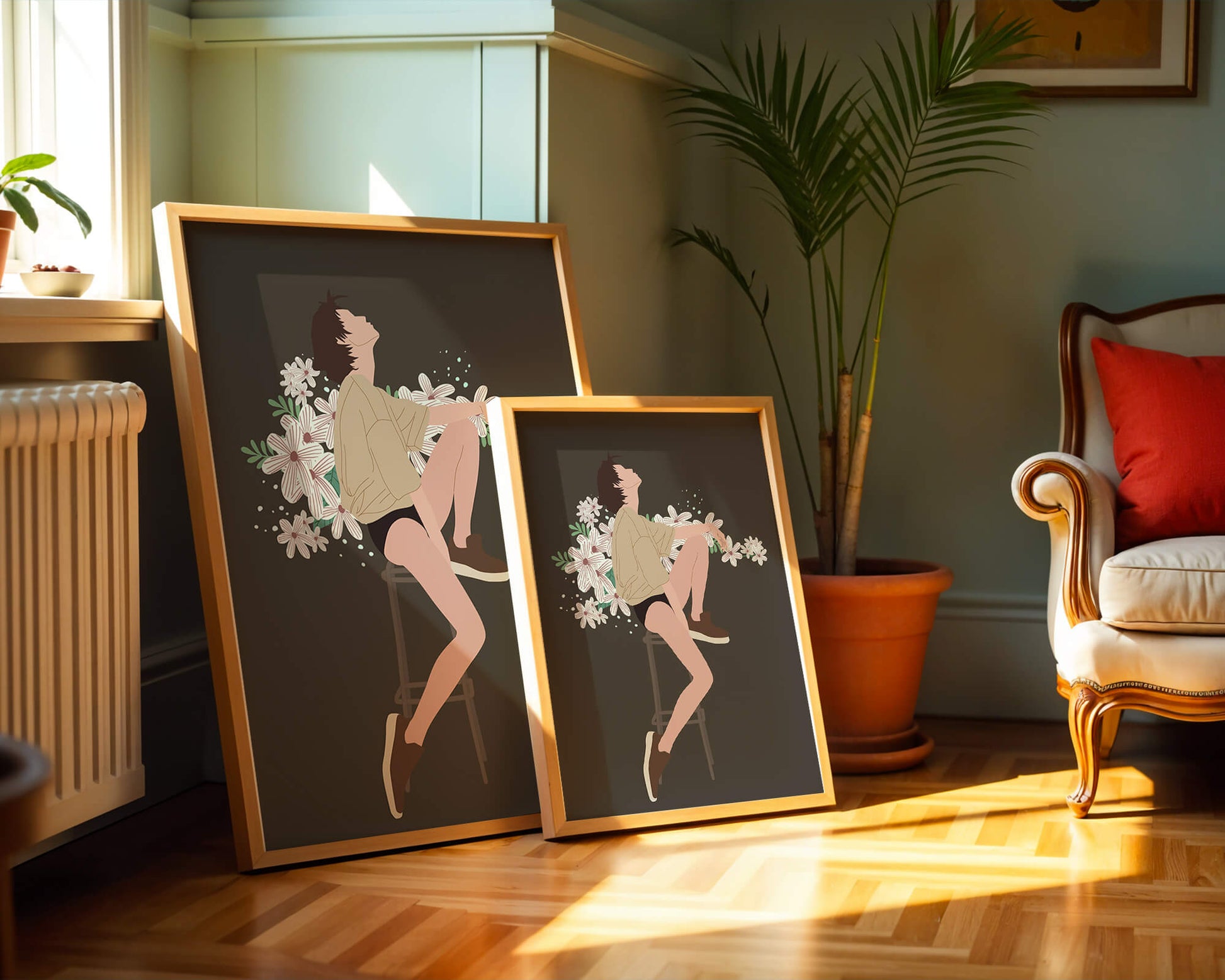 Illustration of a woman sitting on a stool surrounded by flowers