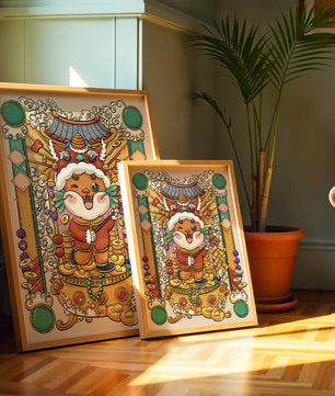 Bunte Illustration eines niedlichen Tieres in traditioneller Festtagskleidung mit goldenen Elementen