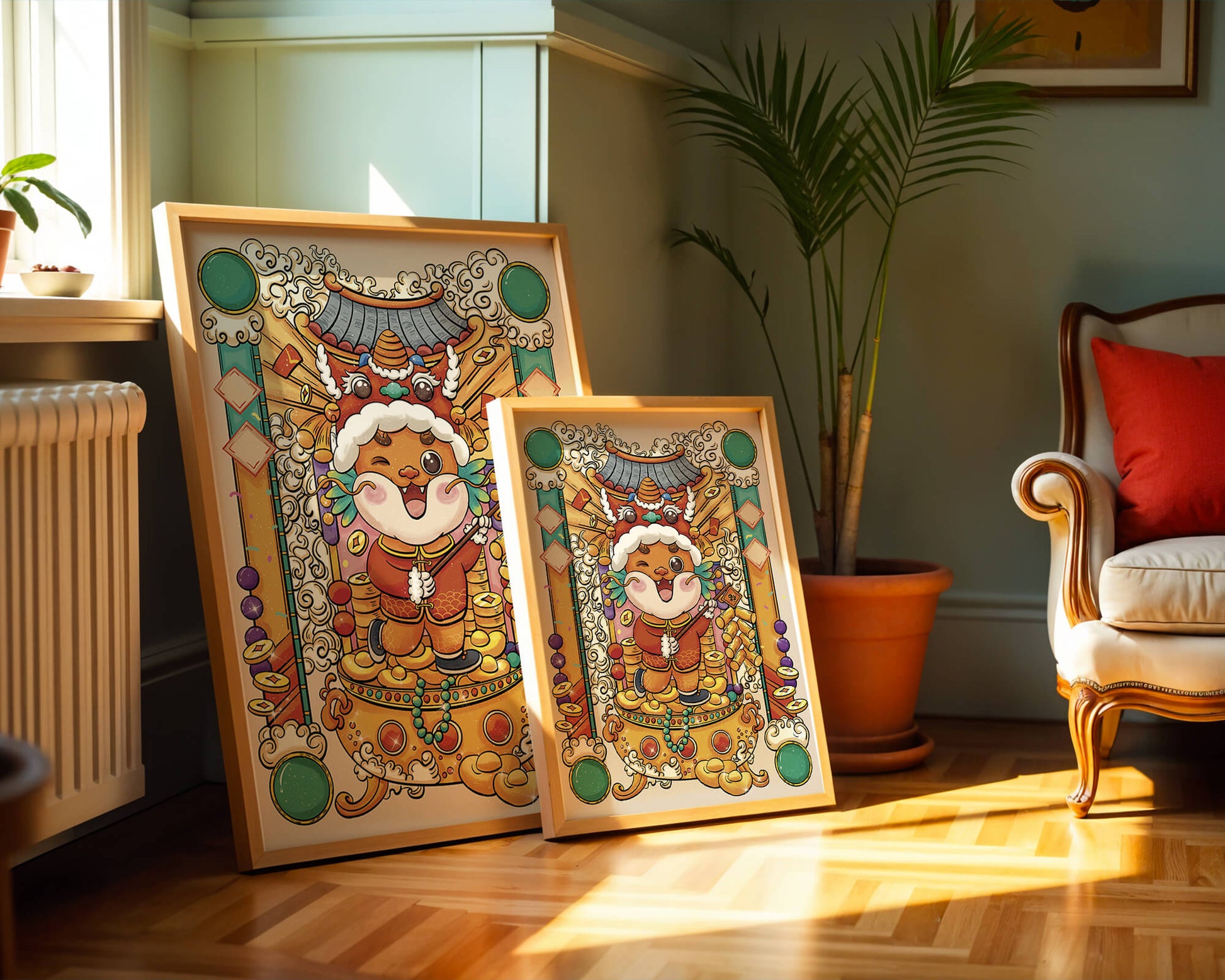 Ilustración colorida de un animal lindo en atuendo festivo tradicional con elementos dorados