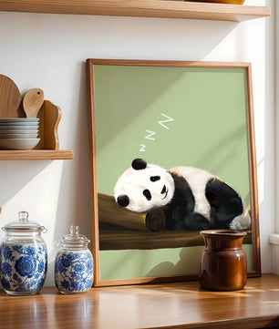 Peaceful panda resting on a log in a serene setting