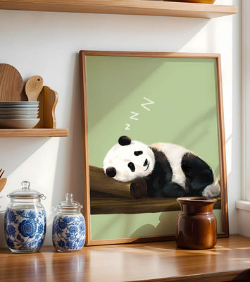 Peaceful panda resting on a log in a serene setting