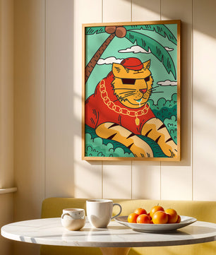 Stylish cartoon tiger lounging under a tropical palm tree with gold accessories