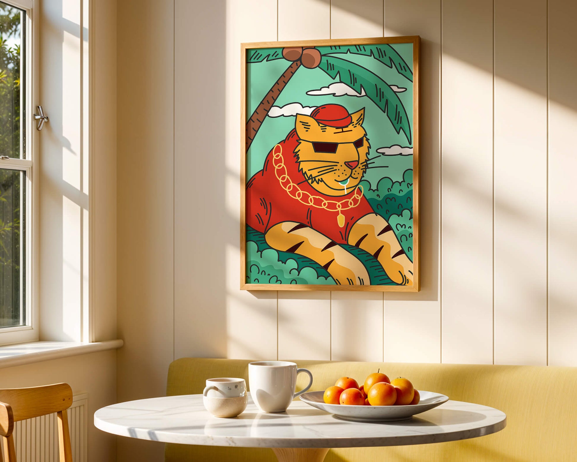 Stylish cartoon tiger lounging under a tropical palm tree with gold accessories