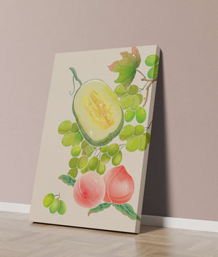 Ilustración de frutas vibrantes que incluye uvas, melón y duraznos
