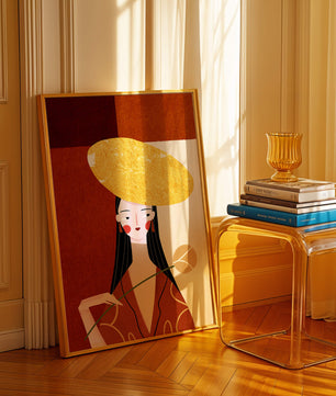 Elegant Woman with a Gold Hat and a Flower on a Red Background - Mi tienda