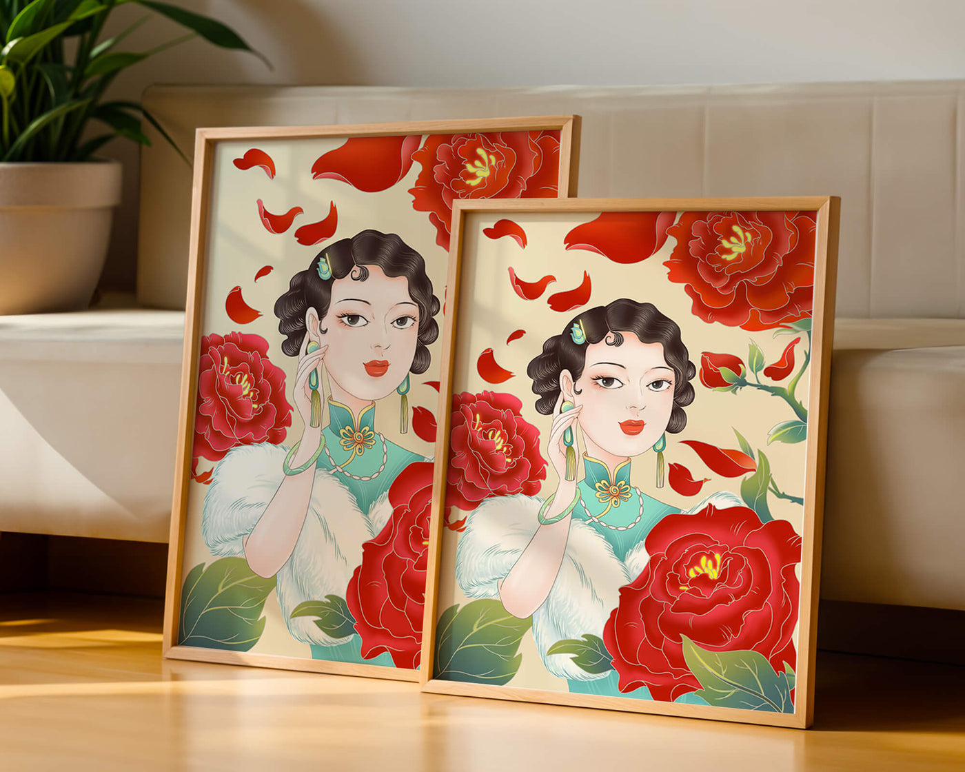 Elegant woman surrounded by vibrant red flowers and petals