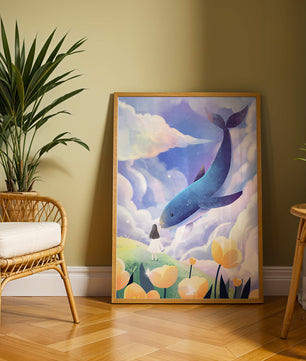 Paisaje surrealista con una ballena gigante y elementos caprichosos