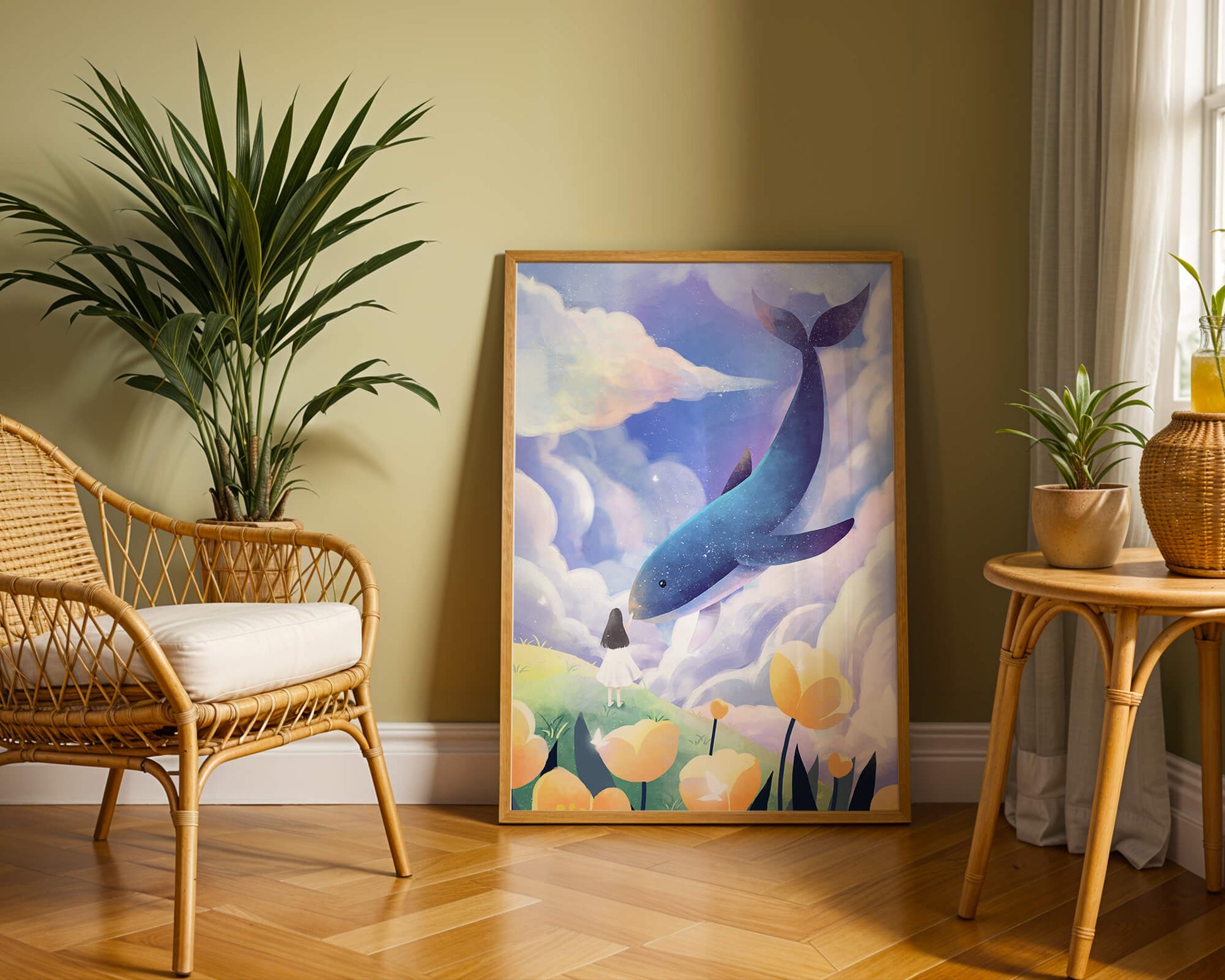 Paisaje surrealista con una ballena gigante y elementos caprichosos