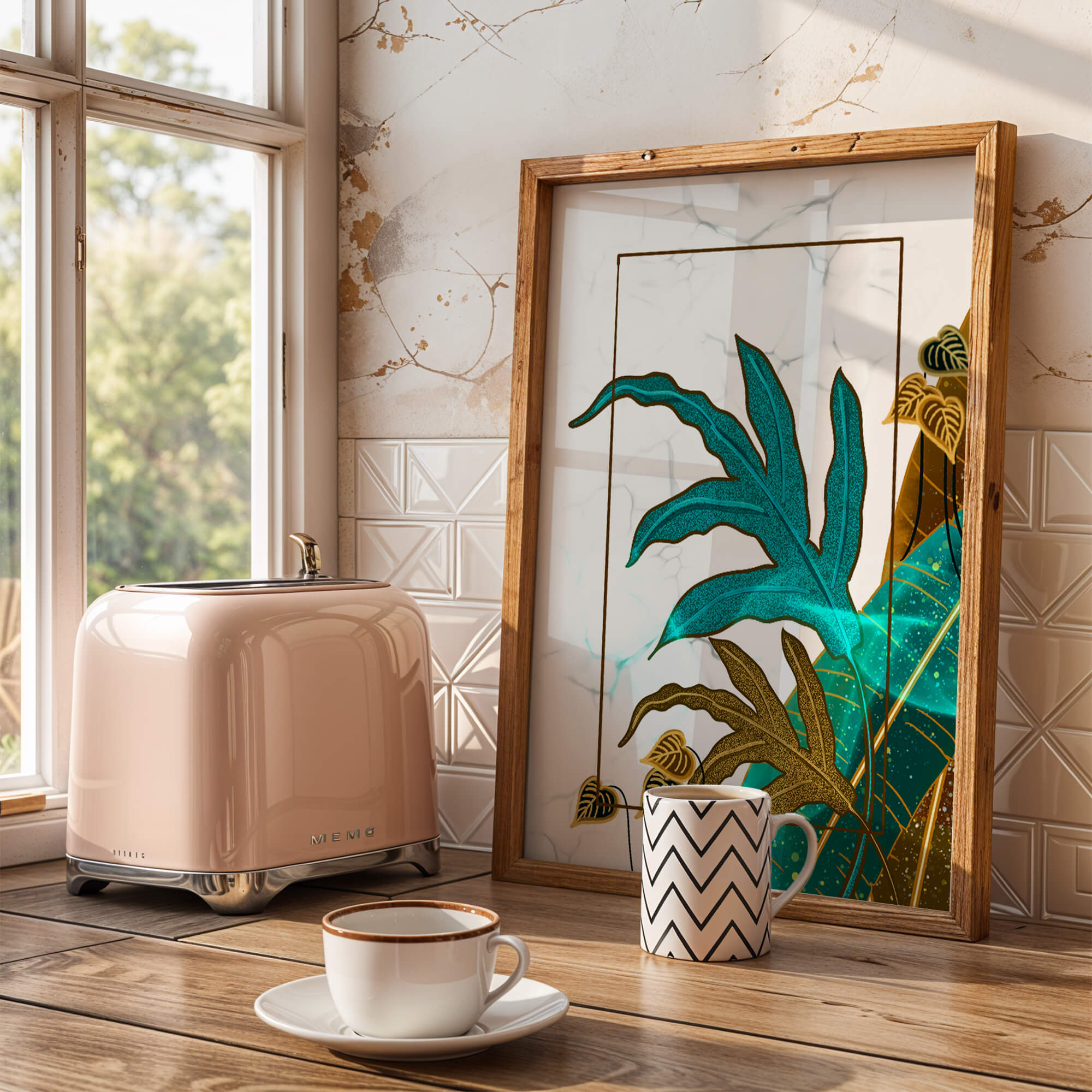 Abstract botanical art with blue and gold leafy designs