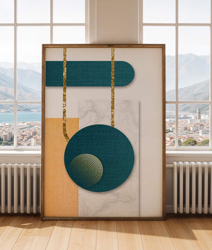 Abstract geometric design with gold accents and textured elements