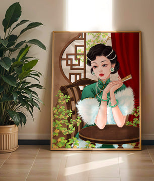 Elegant Woman in Traditional Asian Attire with Floral Background