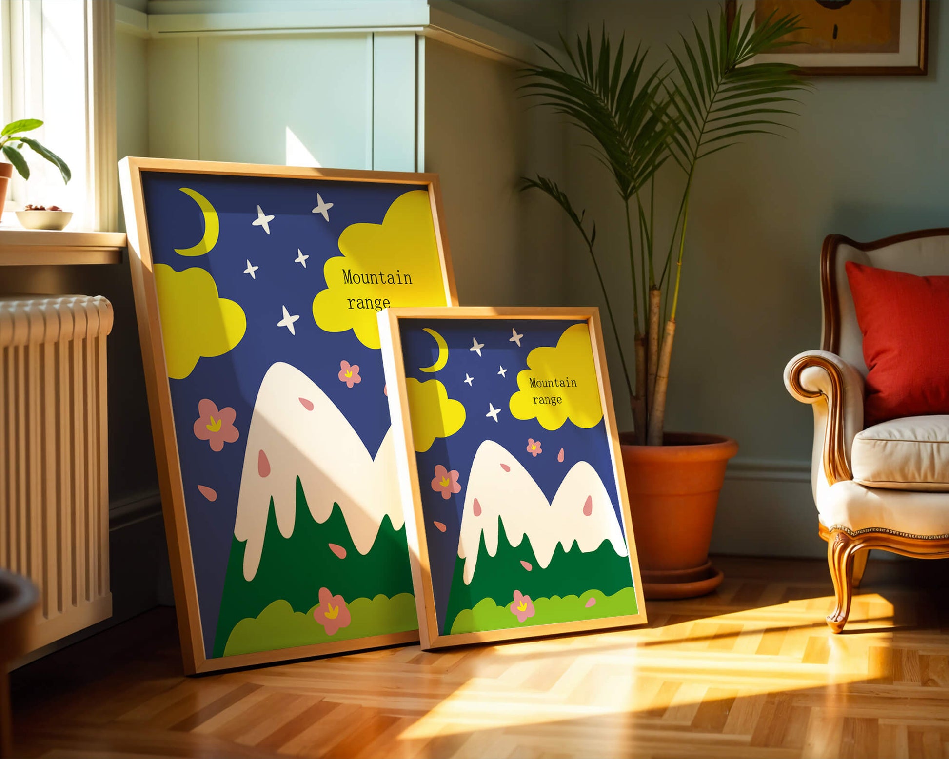 Stylized mountain landscape with starry night background and vibrant clouds