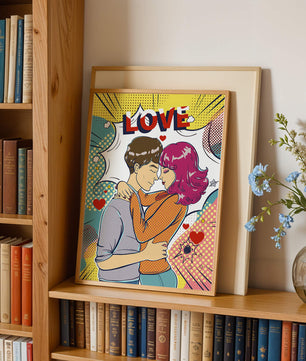 Ilustración de pop art romántico con pareja abrazándose y texto de amor