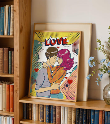 Romantic Pop Art Illustration with Embracing Couple and Love Text