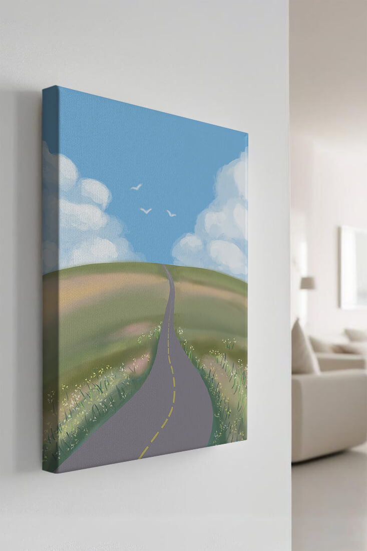 Serene countryside road with vibrant sky and rolling hills