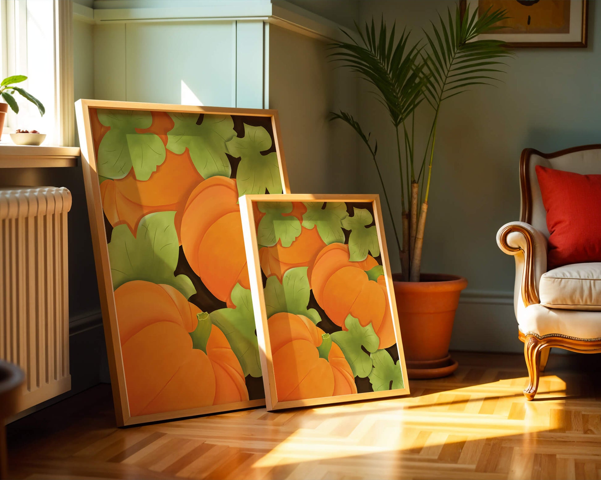 Colorful Pumpkin Pattern With Green Leaves