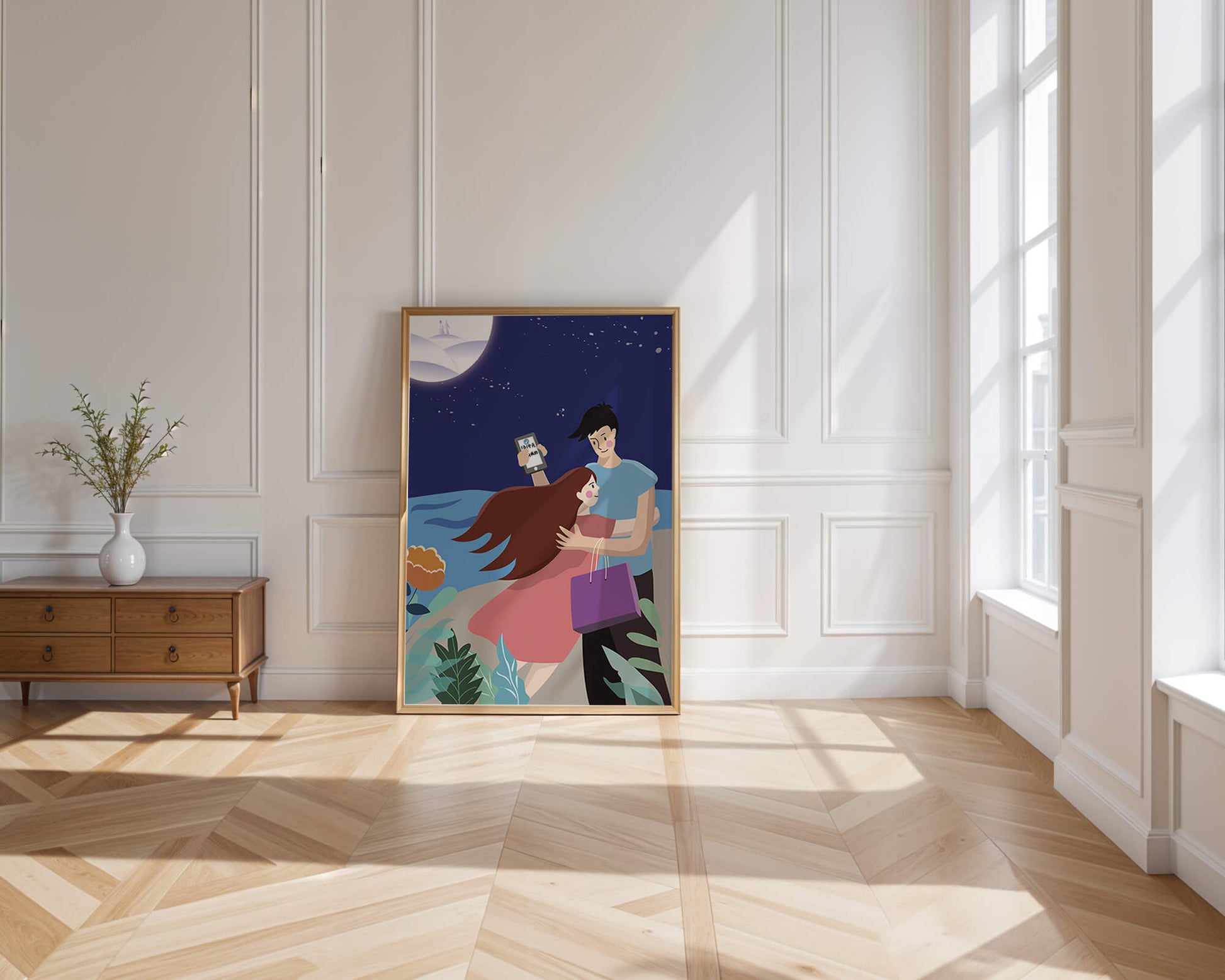 Romantic couple embracing under a moonlit night