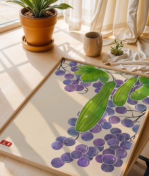 Ilustración de uvas y pepino con colores vibrantes y hojas