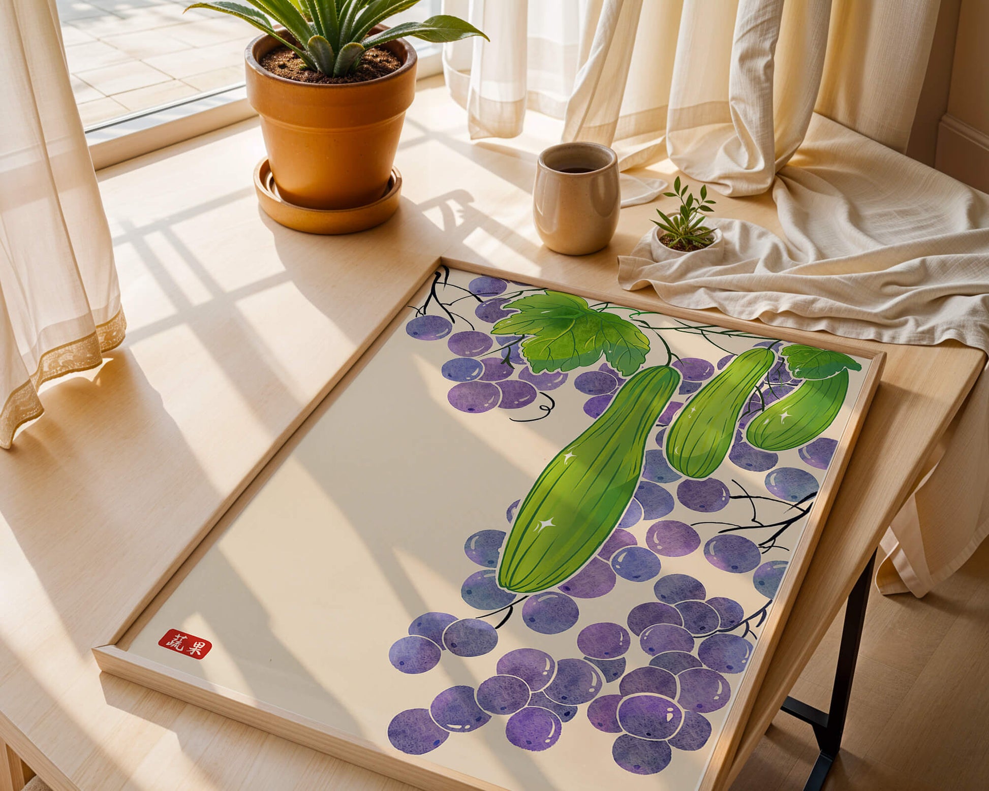 Ilustración de uvas y pepino con colores vibrantes y hojas