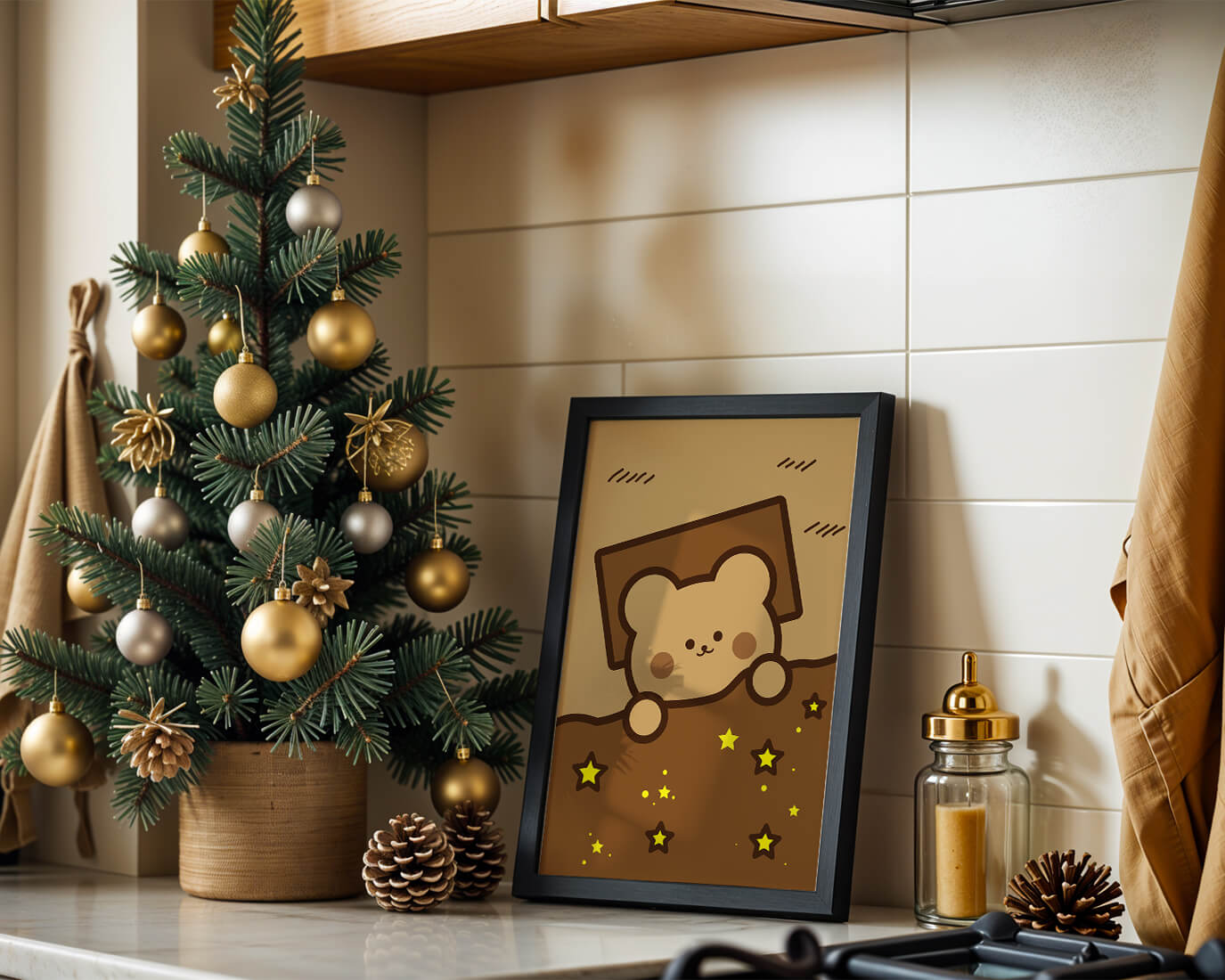 Adorable bear peeking out from a blanket with stars illustration