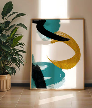 Composición minimalista abstracta con elementos dorados y turquesa