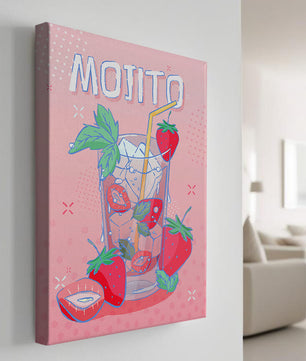 Ilustración de un mojito de fresa con fondo rosa vibrante y diseño juguetón
