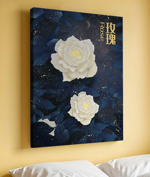 Elegant white roses on a celestial night background with deep blue leaves