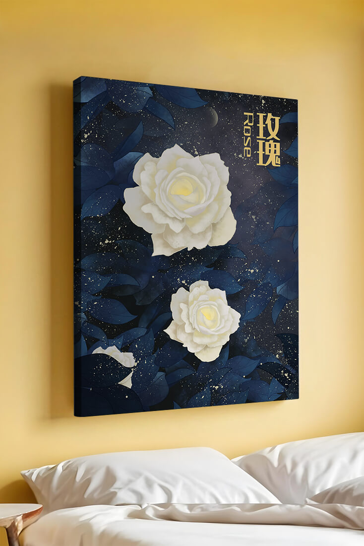 Elegant white roses on a celestial night background with deep blue leaves