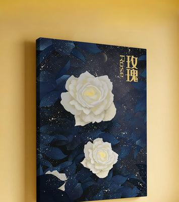 Elegant white roses on a celestial night background with deep blue leaves