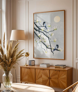 Magpies on Blooming Branches under Full Moon