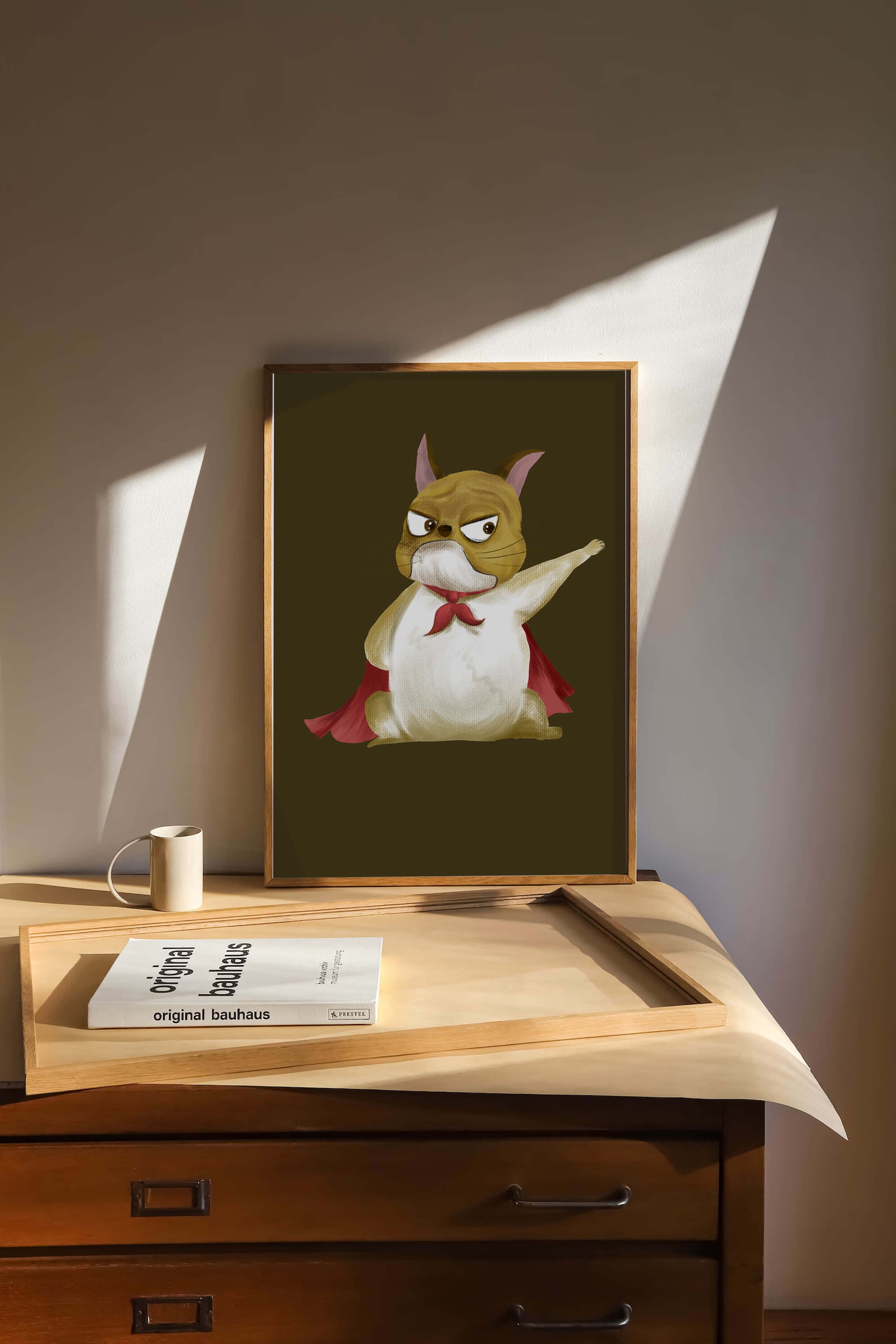 Cartoon superhero dog with red cape illustrating playful strength
