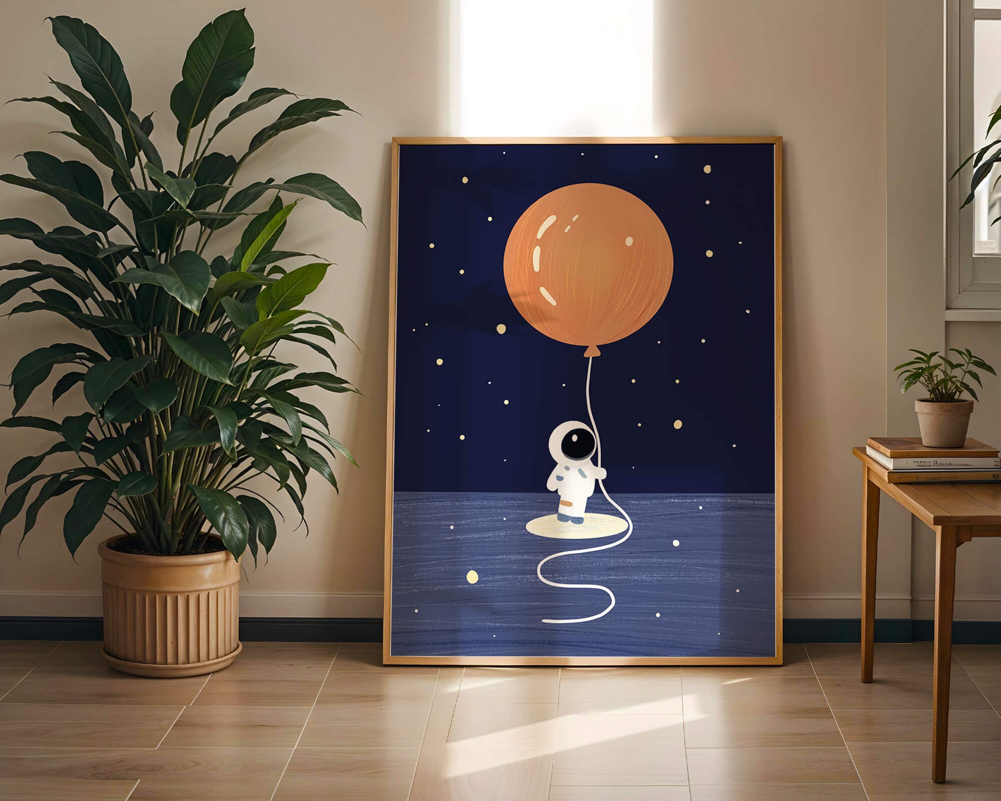 Charming Astronaut Holding Large Orange Balloon Under Starry Sky
