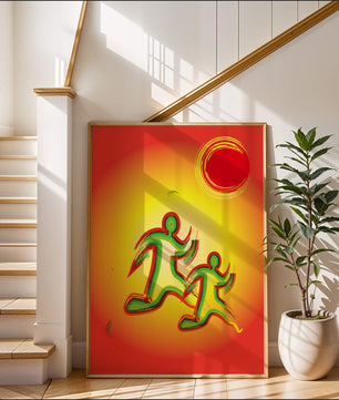 Abstract colorful figures under a vibrant sun with warm tones
