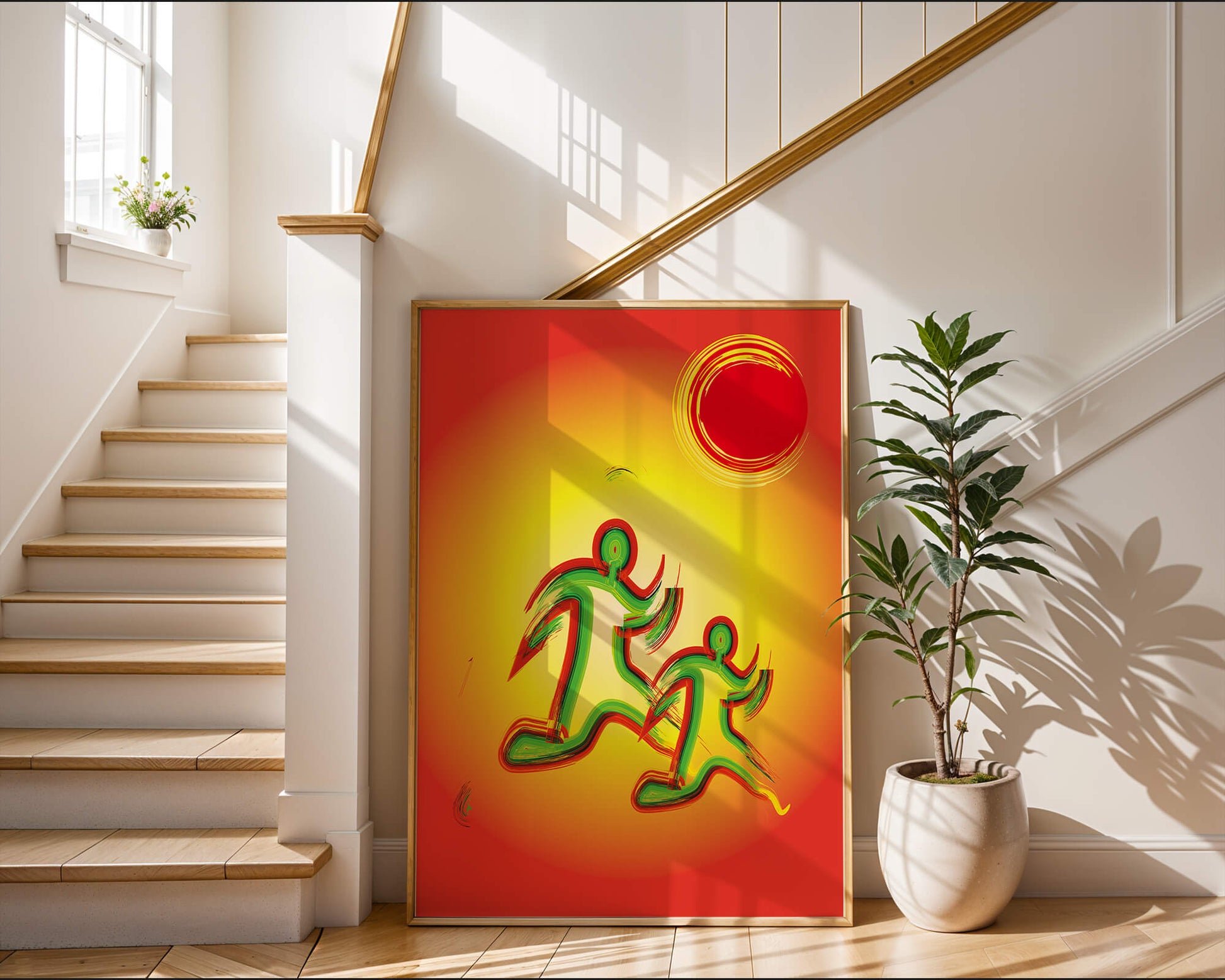 Abstract colorful figures under a vibrant sun with warm tones
