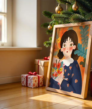 Ilustración encantadora de una chica con flores y corazones