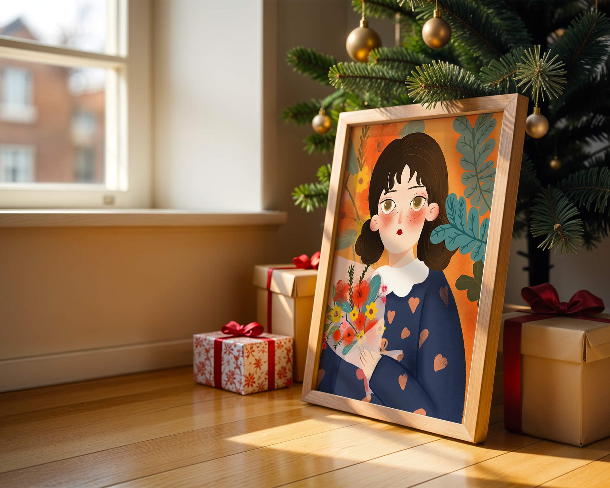 Ilustración encantadora de una chica con flores y corazones