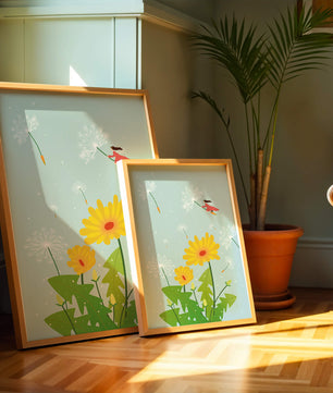 Whimsical illustration of a girl flying with dandelions in a colorful floral scene