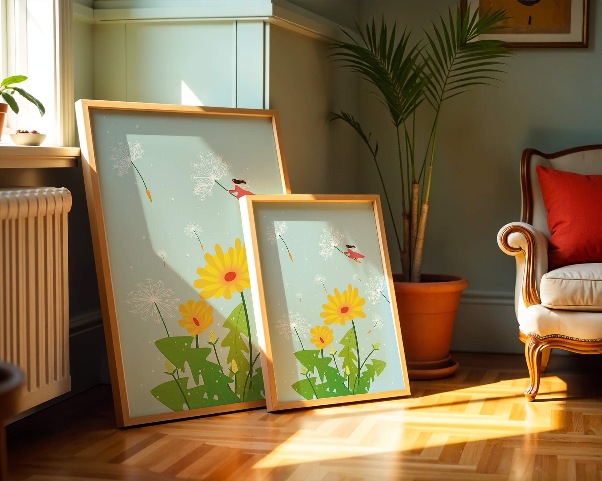 Whimsical illustration of a girl flying with dandelions in a colorful floral scene