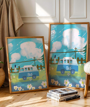 Ilustración escénica con autobús azul y prado en flor