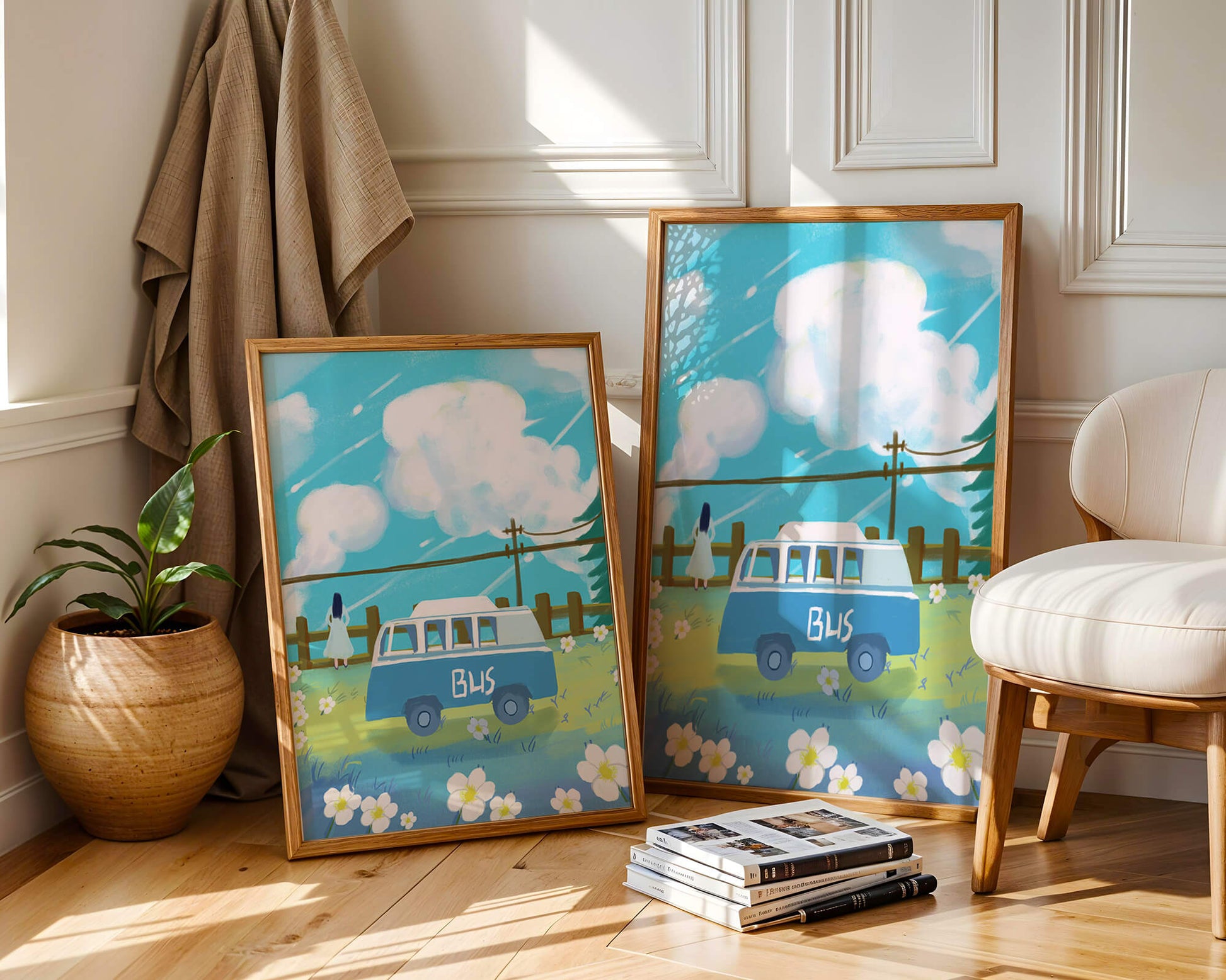 Ilustración escénica con autobús azul y prado en flor