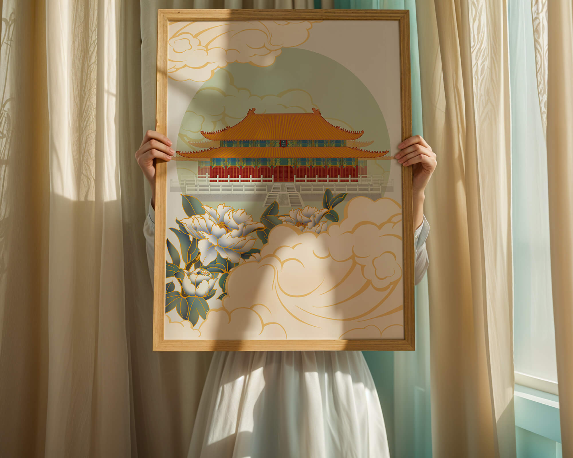 Traditional Asian palace illustration with floral and cloud motifs