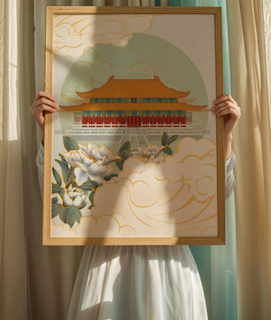 Traditional Asian palace illustration with floral and cloud motifs