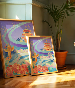 Colorful futuristic landscape with traditional Chinese architecture and high-speed train