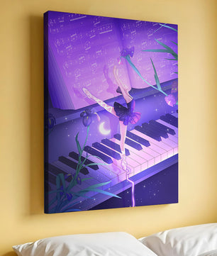 Graceful Ballerina Dancing on Piano Amidst Flowers and Musical Notes