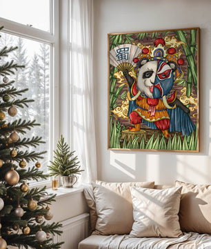 Colorful panda dressed in traditional Chinese opera costume surrounded by bamboo